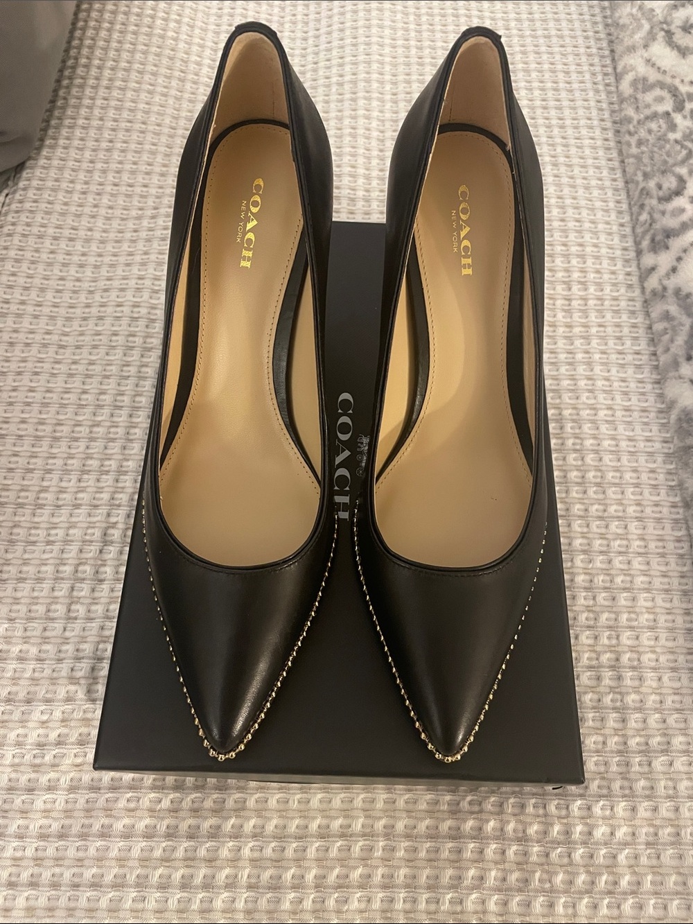 Coach Black Pointed Toe Pumps with Gold Bead Trim